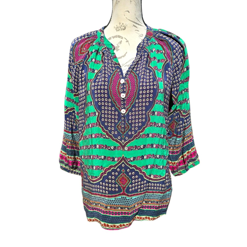 Pookie & Sebastian -630 Silk Blouse Button‎ Down 3/4 Sleeve Green Print Medium